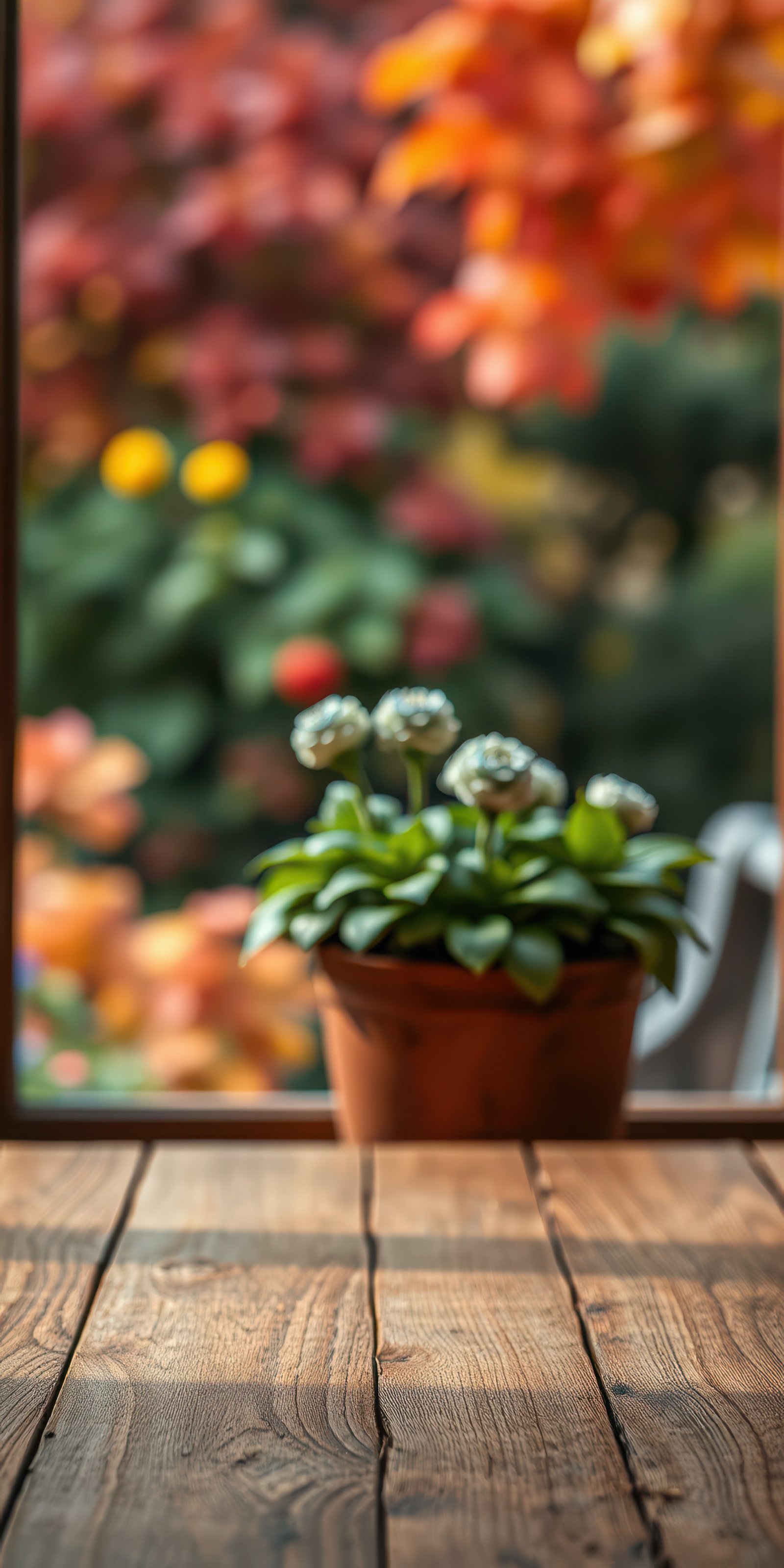Vibrant potted plant in focus against a colorful autumn garden backdrop with warm tones